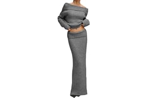 Kwunbwa Skirt Sets Women 2 Piece Outfits Off Shoulder Long Sleeve Sweater Bodycon Maxi Skirt Fall Knit Sweater Set