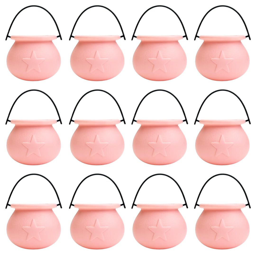 Halloween Candy Buckets - Skull, Cauldron, Pumpkin, Frankenstein (Pink Cauldron, 12 Pieces)