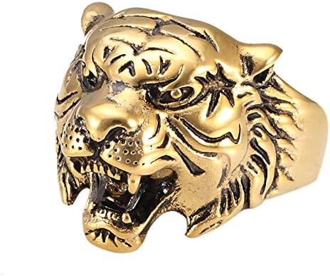 Men's Vintage Golden Black Stainless Steel Tiger Head Ring, Size 7-13 (11)