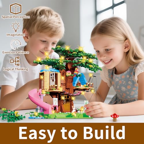 kiothdre Tree House Construction Set Compatible with Friends, Tree House Kit for Girls 731 Pieces with LED Light, Cat, Slide and Hanging Hammock, Christmas Birthday Gifts for Girls 6-12 Years Old