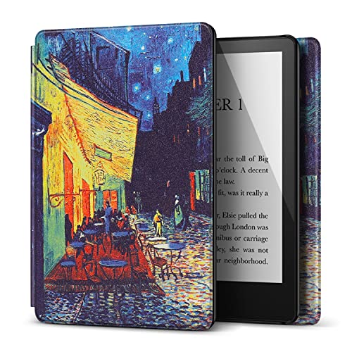 TNP Case for 6.8" Kindle Paperwhite 11th Generation 2021 / Kindle Paperwhite Signature Edition, PU Leather Cover, Protective Sleeve Folio Case for Kindle E-Reader with Auto Sleep/Wake, Cafe At Night