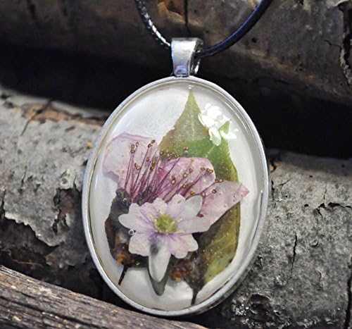 Hepatica Flower, Peach Blossom and Pear Leaf in Resin Necklace . Spring Wildflower Pendant NN024