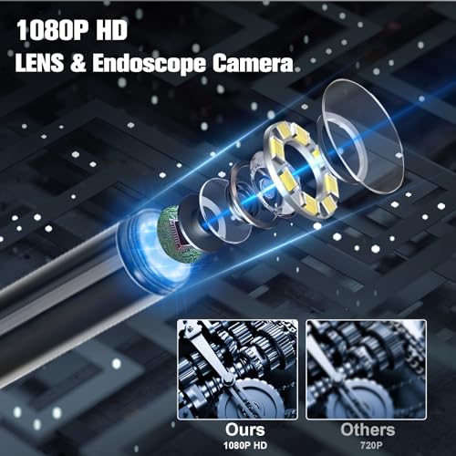 VINATO Endoscope for Smartphone 10 m, 1080P HD Waterproof IP67 Inspection Camera, 8 mm Probe with 8 LEDs, Type-C Direct Connection (iPhone/Android Adapter Included) for Vehicles, Tubing