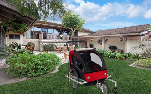 Livebest 2 in 1 Pet Dog Bike Trailer 3-Wheels Bicycle Carrier-Safety Belts & Suspension-Breathable Design with Folding Rainproof,Red,63" x 43" x 36"