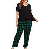 Women Plus Size Pajamas Set Plaid Lounge Pants V-Neck Short Sleeve Cotton T Shirt 2 Piece Sleepwear