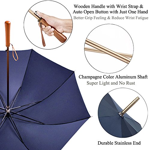 Kung Fu Smith Men's Wooden Windproof Umbrella for Golf, Large Umbrella Canopy, Auto Open & Aluminum Central Pole, Coffee