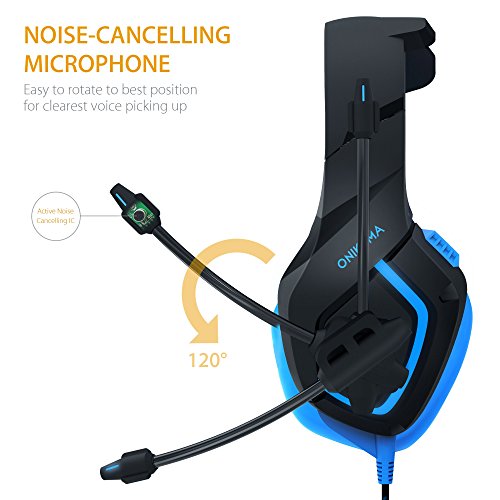 MillSO K1 Gaming Headset for PC, PS4, Xbox One, Stereo Over-Ear Noise Cancelling Headphones with Mic, LED Light, Soft Memory Earmuffs and Volume Control for Laptop Mac Nintendo Switch Games -- Blue