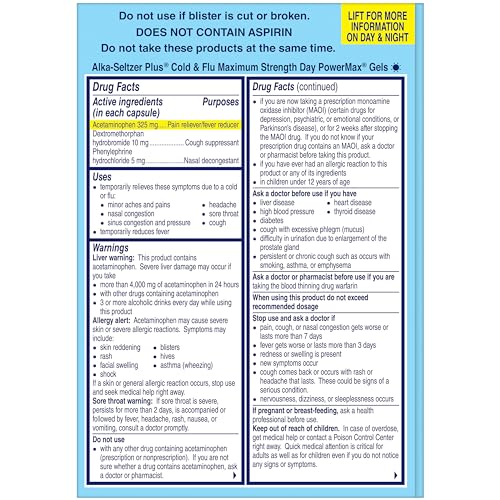 Alka-Seltzer Plus Power Max Cold & Flu Day+Night Medicine: Cough Suppressant, Cold and Flu Medicine For Adults and Children 12 Years and Older, 36 Count, Packaging May Vary