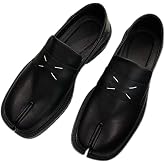 Ling Path Tabi Shoes Men, Black Split Toe Chunky Slip On Loafers with Face Stitching Detail, Casual Streetwear Fashion Comfy Shoes