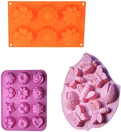 3PCS 3D Silicone Molds Cupcake Baking Mold DIY Cake Mold Soap milds Included 12-cavity Flowers Mold, 6-cavity Flowers Silicone Muffin Mold and 8-cavity Insect Silicone Cake Mold