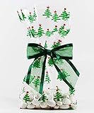 Saybrook Products Christmas Trees Cellophane Treat Party Favor Bags with Twist-Tie Organza Bow. Set of 10 Ready-to-Use, Gussetted 11x5x3 Goodie Bags with Bows. Green, Red, Clear