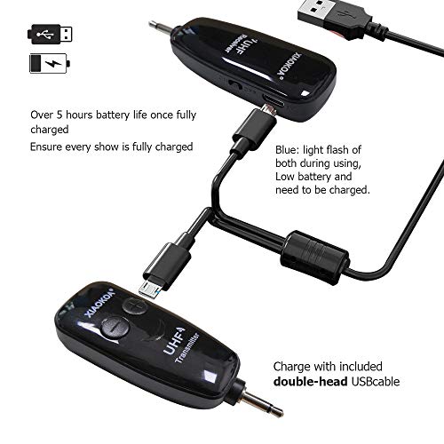 Wireless Guitar System, XIAOKOA Rechargable Transmitter and Receiver, UHF 50M Transmission Range for Electric Guitar, Bass, Violin, Speakers, Voice Amplifier, PA System