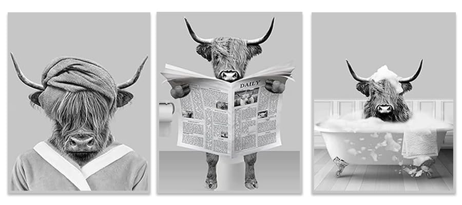 QPLGTU Bathroom Home Background Wall Decoration Poster, Black and White Highland Livestock Animal Decoration Photos Wallpaper, Funny Animal Print Poster, Frameless (Highland Cattle 6, 60 x 90 cm x 3)