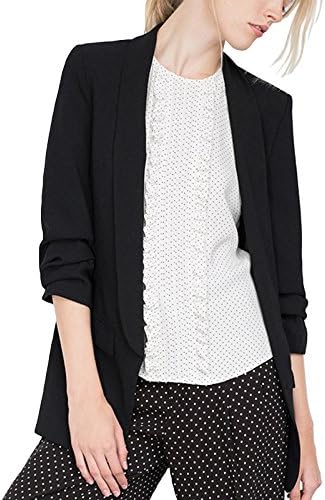MFrannie Womens Solid Open Front Shirring 3/4 Sleeve Work Blazer Black XL