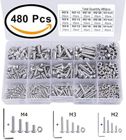 VANSSI 480Pcs Assorted Hex Socket Head Cap Bolts Nuts 304 Stainless Steel ( M2/ M3/ M4, 8mm/ 12mm/ 16mm/ 20mm) Screw and Nuts with Screwdrivers in Storage Box( Button Head)