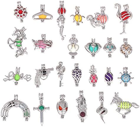 12pcs Mix Silver plated Bead Cage Charm Locket Pendant - Add Your Own Pearls, Stones, Rock to Cage,Add Perfume and Aromatherapy Essential Oil Diffuser Pendant Charms.