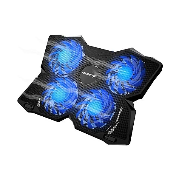 Fosmon 4 Fan Cooling Pad Compatible With 13" to 17-inch Gaming Laptop PS4 MacBook Pro, 1200 RPM Max 75CFM Air Flow, USB Powered Quiet Cooler Fan Portable Stand with Dual 2.0 USB Ports, Blue LED Lights