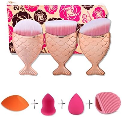 3 pcs Multifunction Mermaid Fish Scale Makeup Brushes Powder Blush Foundation Cosmetic Tools Contour BB Cream Brush with Fashion Cosmetic Bag Makeup Sponge Brush Egg Cleaner kit set (Gold)