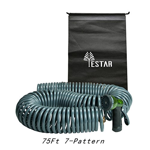 YeStar 75Ft Garden Coil Hose, 3/4" Solid Brass Fittings/Leak Proof Connector, Flexible Water Hose with 7-Pattern Spray Nozzle, Easy to Storage, Kink Free Compact and Durable