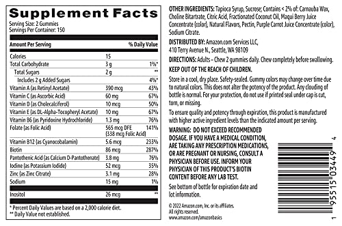 AMAZON BASICS ADULT MULTIVITAMIN FOR MEN & WOMEN, 300 GUMMIES WITH VITAMINS A, C, D, E, B-6 AND B-12, 150 COUNT (PACK OF 2) (150 DAY SUPPLY) (PREVIOUSLY SOLIMO)