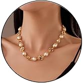 Gold-tone Plated Faux Pearl Necklaces for Women Dainty Choker Crystal-Encrusted Palace Style Statement Bride Wedding Jewelry Gifts for Women Men