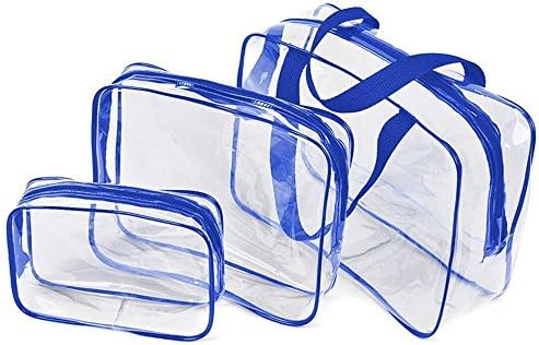 Ypres SU 3Pcs Crystal Clear Cosmetic Bag TSA Air Travel Toiletry Bag Set with Zipper Vinyl PVC Make-up Pouch Handle Straps for Women Men, Waterproof Packing Organizer Storage Diaper Pencil Bags （Blue）