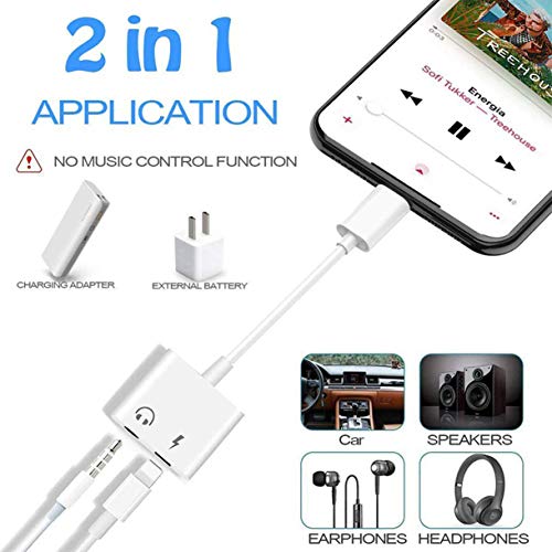 Headphones Adaptor for iPhone Xs/Xs Max/XR/ 8/8Plus/X(10)/7/7Plus to 3.5mm Jack Converter Car Charge Accessories Cables & Audio Connector 2 in 1 Earphone Splitter Adaptor Support All iOS Syste -White
