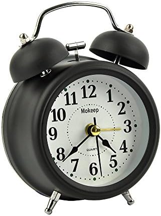 Alarm Clock, Mokeep 3 Inch Small Non-ticking Vintage Classic Bedside /Table Analog Alarm Clock with Backlight , Battery Operated Travel Clock, Round Twin Bell Loud Alarm Clock for kids (Black)