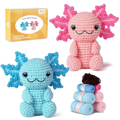 MOREJMTT Crochet Kit for Beginners, Crochet Animal Kits,Crocheting Kit for Starters with Step-by-Step Video Tutorials, Beginner Crochet Kits for Adults (2Pack Axolotl)
