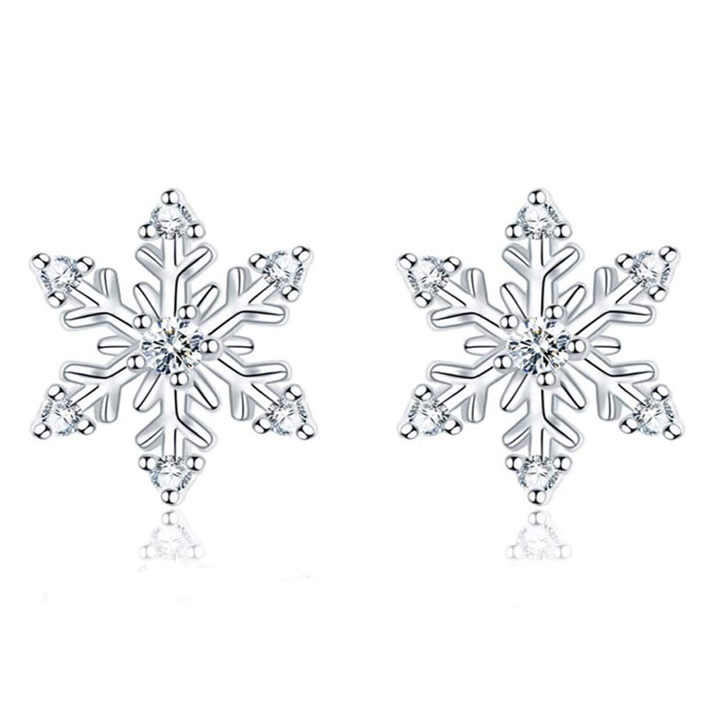 Josfeva Christmas Silver Stud Earrings for Women, 925 Sterling Silver Snowflake Stud Earring with Cubic Zirconia, 10mm Xmas Silver Small Sleeper Cartilage Earrings Gift for Christmas with Gift Box