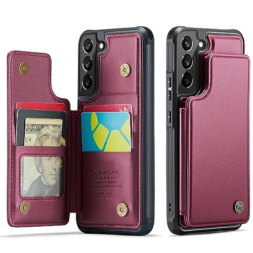 Vinich for Samsung Galaxy S22 Case with Card Holder, for Samsung S22 Wallet Case for Women Men with RFID Blocking, Durable Kickstand Shockproof Phone Case for Galaxy S22 5G, Red