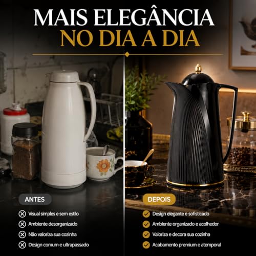 Garrafa Térmica Preta 1L Retrô com Ampola de Vidro Design Elegante Vintage para Café Chá Mesa Posta Luxo