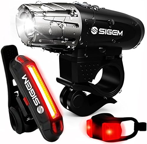 SIGEM Bike Light Set, (3 Pack) Ultra Bright, USB Rechargeable, LED Front Headlight, Rear Taillight and Helmet Light. Bicycle Head & Tail Lights are Waterproof, Easy to Install.