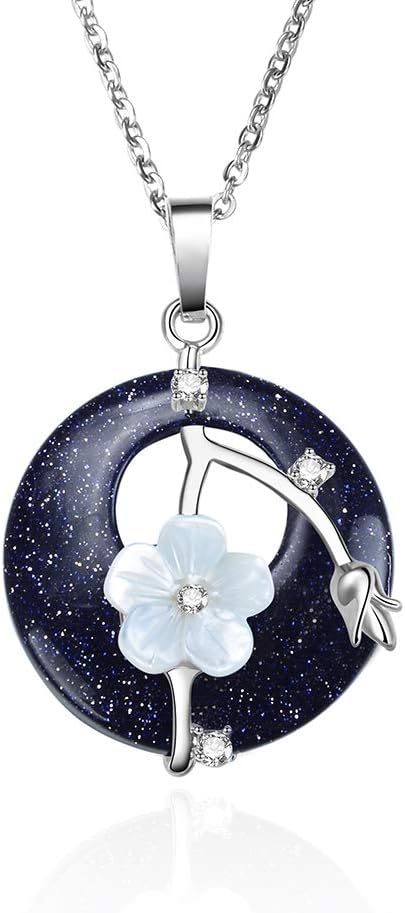 Flower Wrapped Pendant Necklace Energy Healing Crystal Round Gemstone Pendant Necklace 18" Stainless Steel Chain