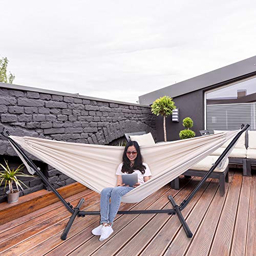 OnCloud Extra Long and Wide Double Hammock for Travel Camping Backyard, Porch, Outdoor or Indoor Use, Carrying Pouch Included (Beige)