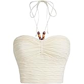 Floerns Women's Tie Backless Sleeveless Ruched Knitted Halter Crop Top