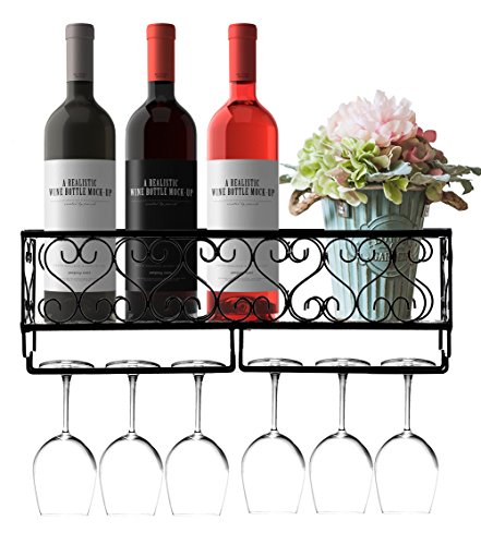 HOMEPOPULAR Metal Wall Mounted Wine Rack With Glass Holder And Bottles Opener Wine Bottle Holder For Living Room Or Kitchen,Black(Hold 6 bottles)