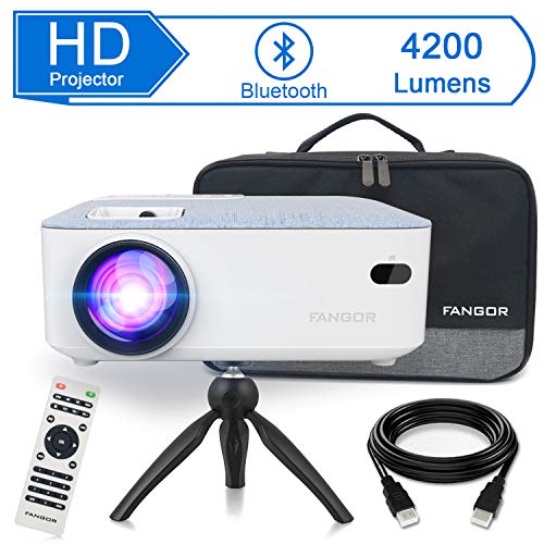 FANGOR HD Bluetooth Projector, 4200 Lux Portable LCD Projector 720P Native Resolution with Carrying Bag and Tripod, Compatible with Smartphone, TV Stick, Roku, PS4, Xbox, Full HD 1080P Supported
