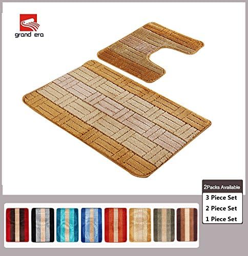 Grand Era 2 Piece Bath Mat Set Polypropylene Fiber Mat 22" x 39" with Contour Rug and Lid Cover for bathroom, Yellow