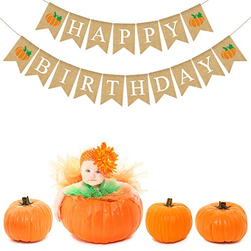 image for Rainlemon Jute Burlap Happy Birthday Banner with Pumpkin Rustic Fall A