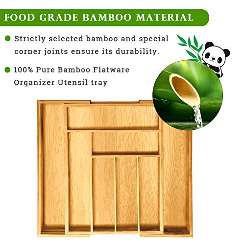 100% Bamboo Large Expandable Drawer Organizer Cutlery Utensil Tray Silverware Tray Utensil Drawer Organizer Adjustable Kitchen Drawer Insert Flatware Organizer Jewelry Showcase with 8 Compartments - Thumbnail 3