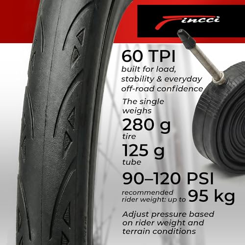 Fincci Bicycle Road Tyre 700 x 23c – Pair of Tyres 23-622 Puncture Protection Puncture Protection 1 mm, 60TPI with 2 x 700 x 23c Presta Inner Tubes – for Road Racing, Touring, Bici – Pack of 2 Conna