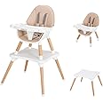 JOYMOR 5-in-1 Convertible Baby High Chair for Babies and Toddlers, Table and Chair Set, Wooden Infant Eating Highchair with Leather Seat Cushion, 4-Position Removeable & Adjustable Tray (Biege)