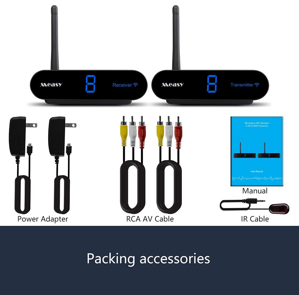 measy AV24 2.4GHz 8 Channel Video & Audio Transmitter & Receiver with IR Remote Extender for Streaming Cable, Satellite, DVD to TV Wirelessly for RCA Cable - Not Compatible with HDMI (AV24)
