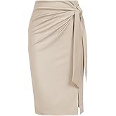 Kate Kasin Women's Skirt Elastic High Waist Bow Tie Knee Length Stretch Bodycon Pencil Skirts with Slit