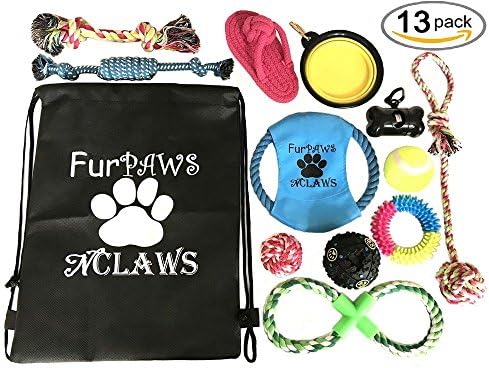 DOG PUPPY TOYS 13 PIECE ROPE TOYS, IQ TREAT BALL SQUEAK TOY, FRISBEE, TEETHING CHEW TOY, WASTEBAG KEYCHAIN HOLDER, BACKPACK INCLUDED: Dog Playtime Toys for small, medium, and large dogs