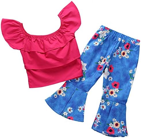 Arleysh Toddler Baby Girls Kids Off Shoulder Lotus Leaf Top + Sunflower Denim Jean Outfit Set (12-18M, Red)