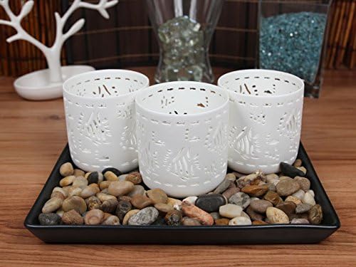 Ceramic Votive LED Candles with Remote: Set of 3 Aqua Fish Pattern