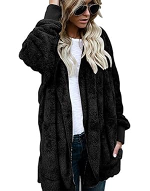 Womens Fuzzy Fleece Jackets Loose Open Front Hooded Cardigan Coats Outwear Pockets