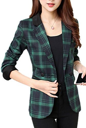 Friendshop Womens Slim Fit Check Plaid Long Sleeve Lapel Suit Coat Blazer Jacket